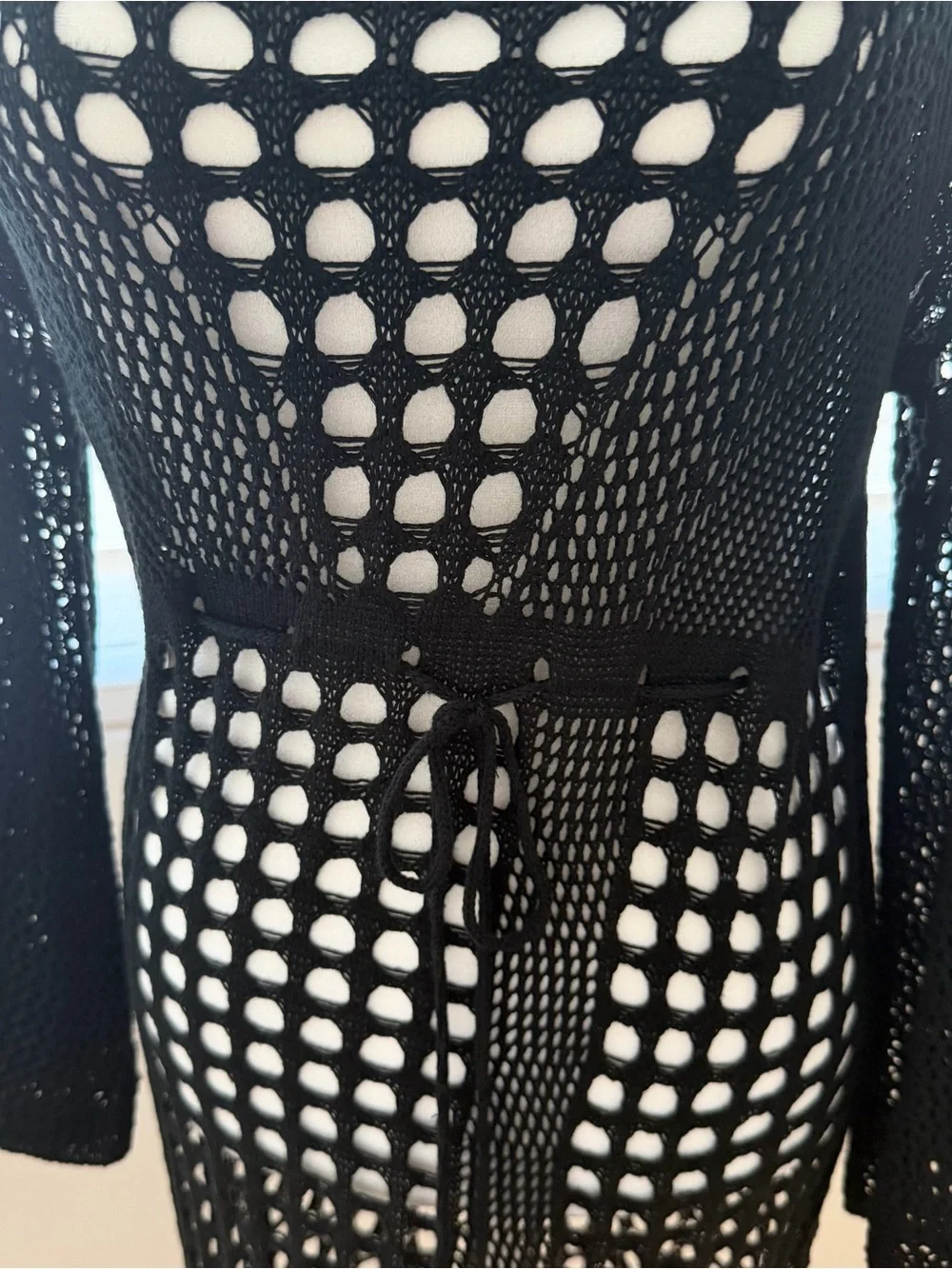 Black Crochet Knit Maxi Dress / Long Sleeve Beach Swim Cover-Up